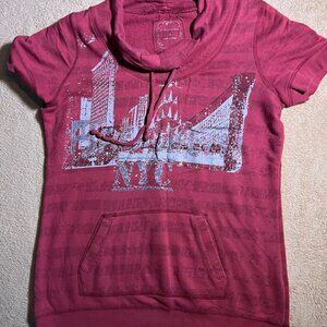 Maurice's Junior 0 Burgundy Short Sleeve Cowl Neck Rhinestone NYC City Pullover